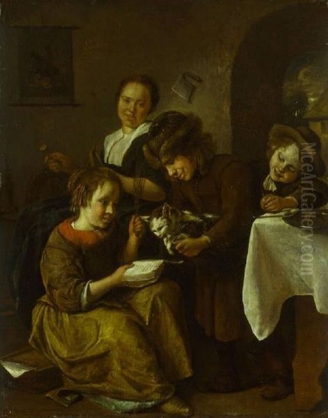 Children teaching a Cat to Read Oil Painting by Jan Steen