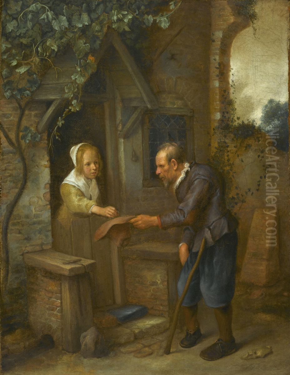 Young Girl Giving Alms to an Old Man Oil Painting by Jan Steen
