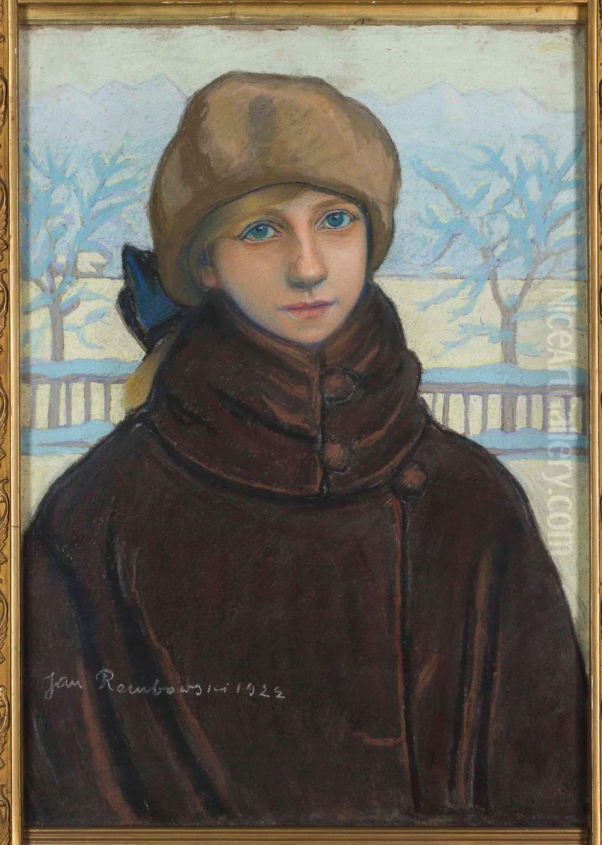 Portret Kazimiery Nehring w zimowym pejzazu Oil Painting by Jan Rembowski