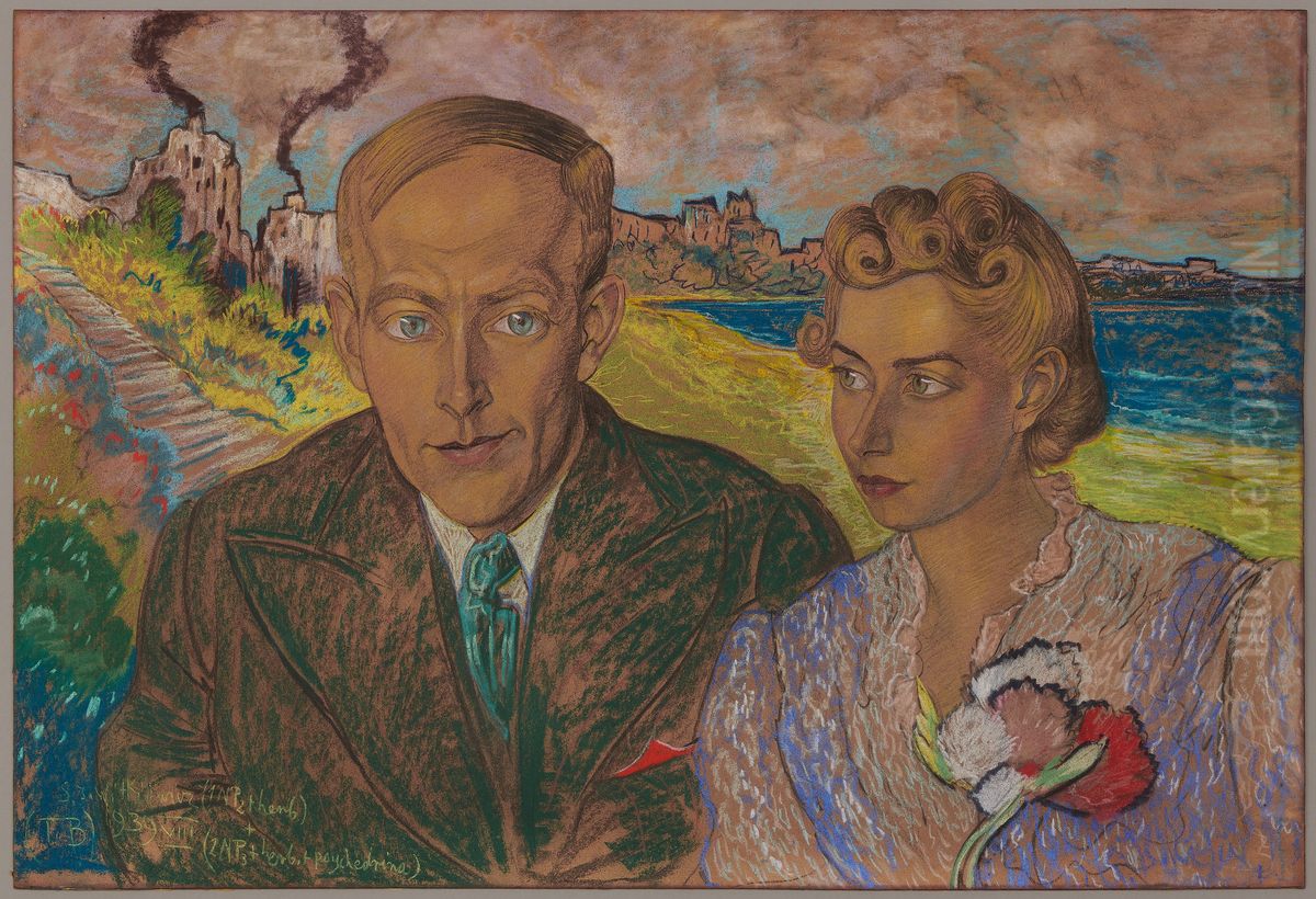 Double portrait of Helena Lisinska and Jan Gadomski, with a burning city background Oil Painting by Stanislaw Ignacy Witkiewicz (Witkacy)