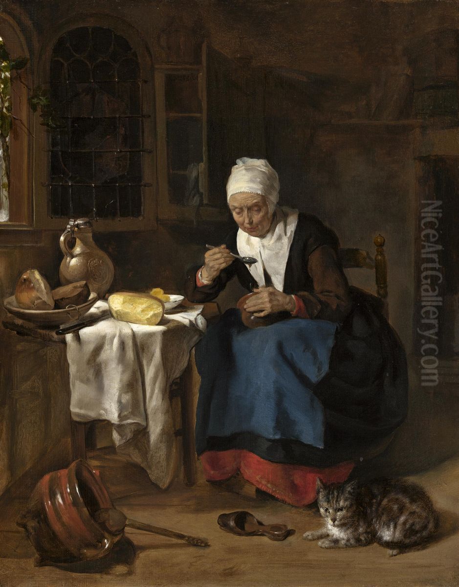 Old woman eating porridge Oil Painting by Gabriel Metsu