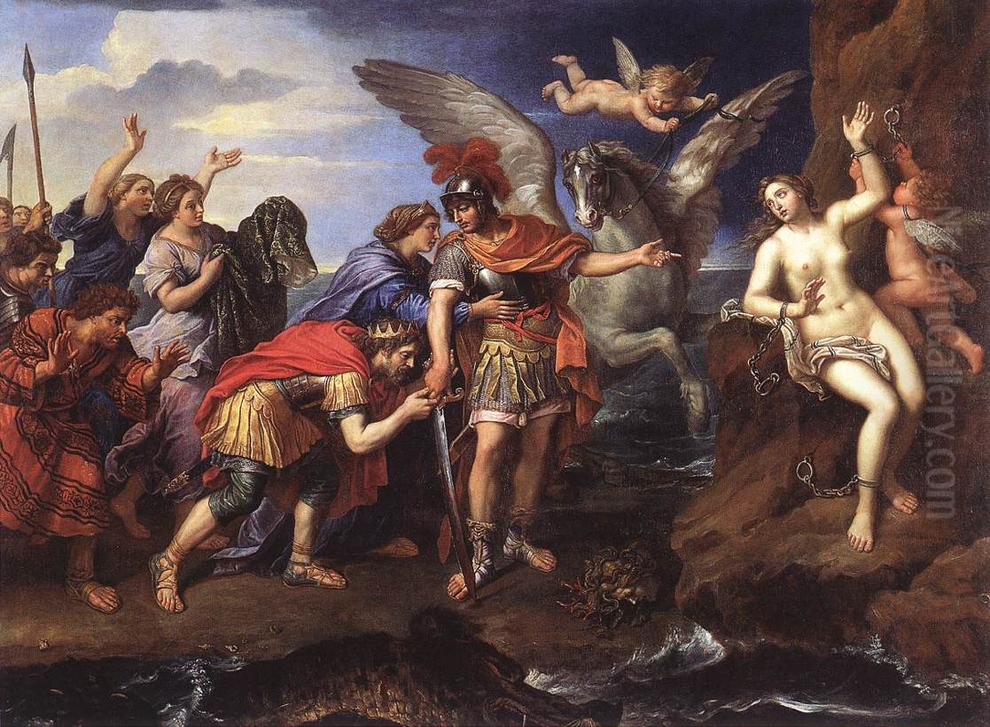 Metamorphoses d'Ovide:le roi de Grece Cephee et la reine Cassiopee remercient le heros Persee d'avoir delivre leur fille Andromede, offerte en sacrifice a un monstre marin.[1]Source:http://www.wga.hu/frames-e.html?/html/m/mignard/pierre/perseus.html Oil Painting by Pierre Mignard I