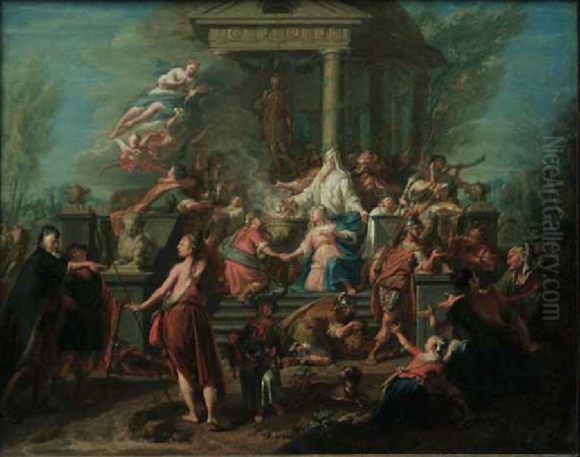 Couple before the Altar of a Temple Dedicated to Diana (Orestes and Iphigenia in Taurus?) Oil Painting by Jacques Ignatius De Roore
