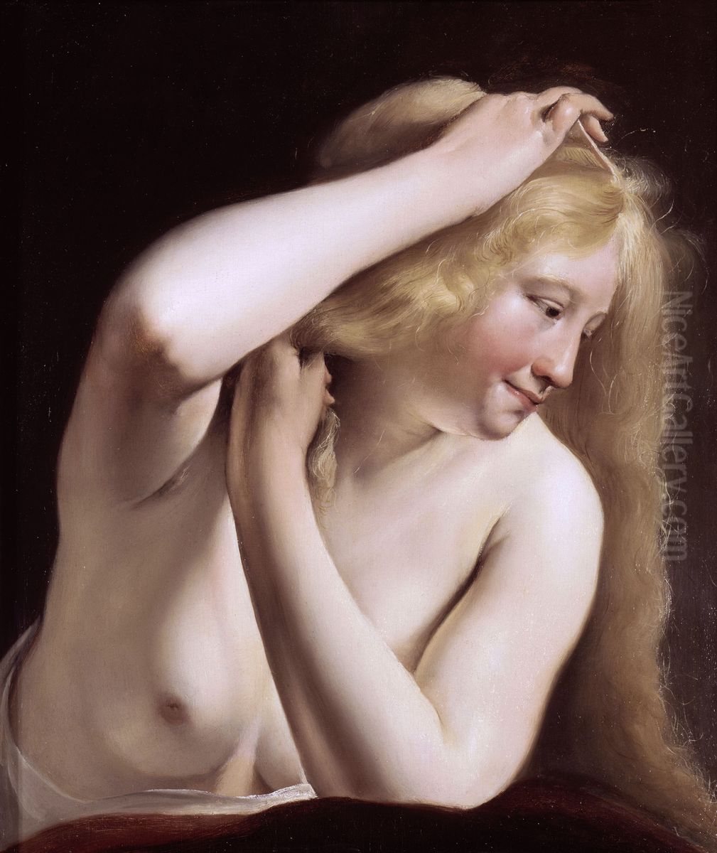 Barebreasted woman combing her hair Oil Painting by Salomon de Bray