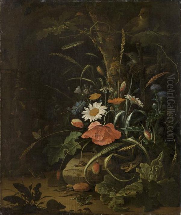 Still life of wild flowers at the foot of an oak tree, in front of a grotto Oil Painting by Abraham Mignon