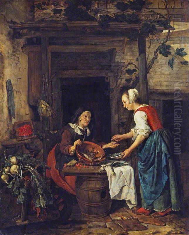 Woman selling fish and a customer Oil Painting by Gabriel Metsu