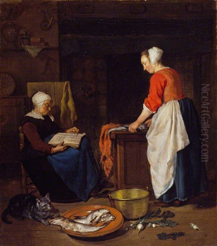 Maidservant cleaning fish and a sleeping old woman Oil Painting by Gabriel Metsu