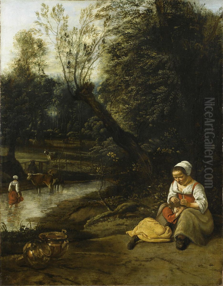 Woman delousing a girl at the water's edge Oil Painting by Johannes Siberechts