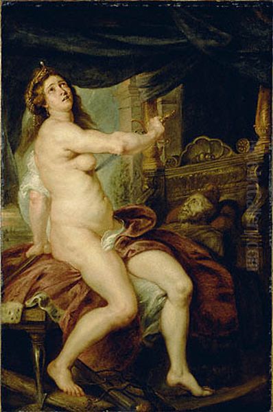 Panthea stabbing herself with a dagger, after the death of her husband Abradates Oil Painting by (studio of) Rubens, Peter Paul