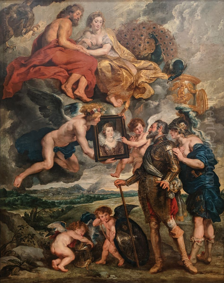 Minerva presents the portrait of Maria de' Medici to King Henry IV of France Oil Painting by (studio of) Rubens, Peter Paul