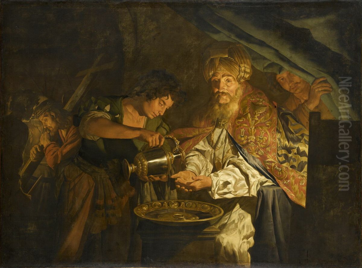 Pilate washing his hands in innocence Oil Painting by Matthias Stom