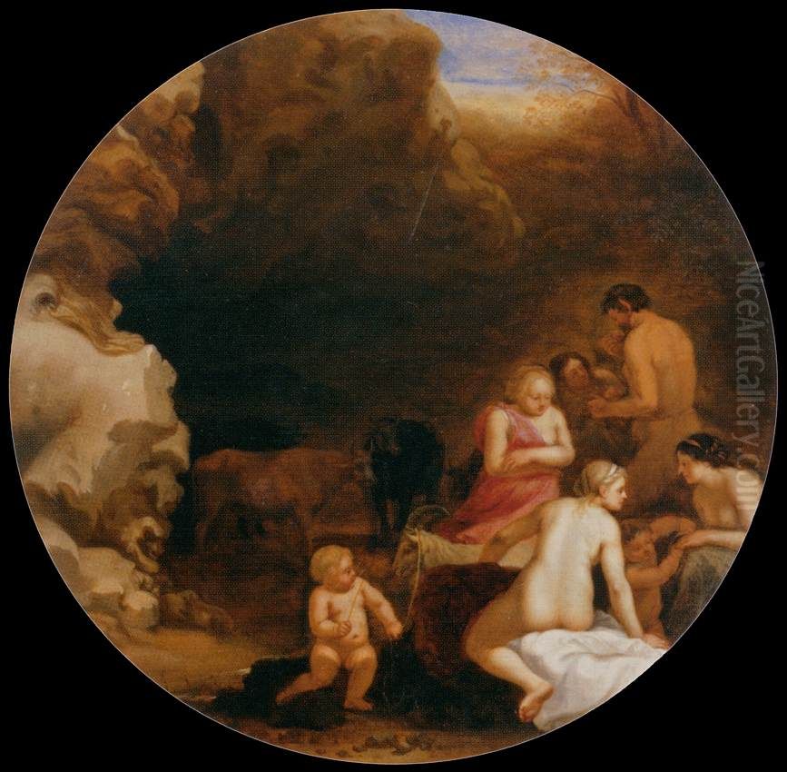 Nymphes et satyre a l'entree d'une caverne Oil Painting by Cornelius van Poelenburgh
