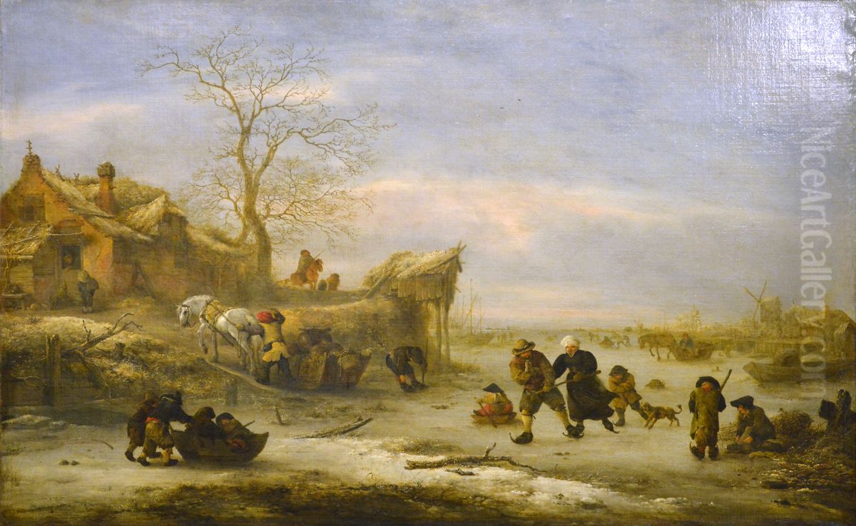 Riviere gelee avec couple patinant Oil Painting by Isaac Van Ostade