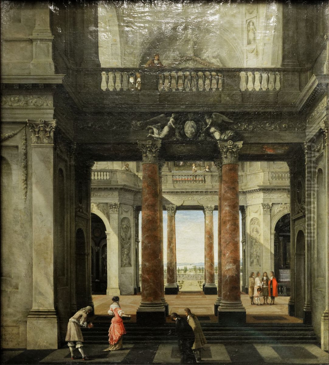 Gezicht in de hal van een barok paleis met doorzicht naar een tuin Oil Painting by Isaak van Nickelen
