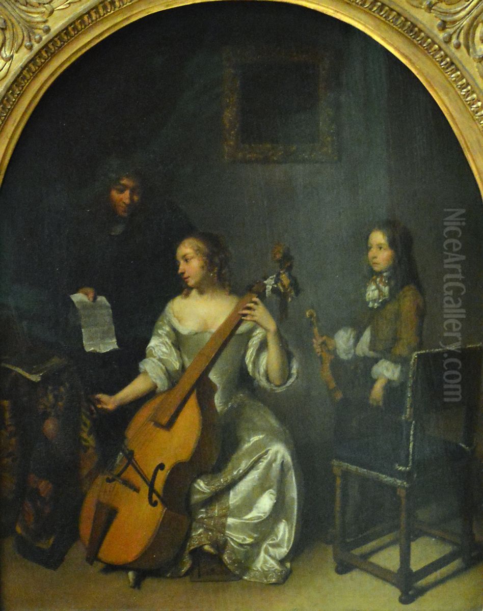 The music lesson on the viola da gamba Oil Painting by Caspar Netscher