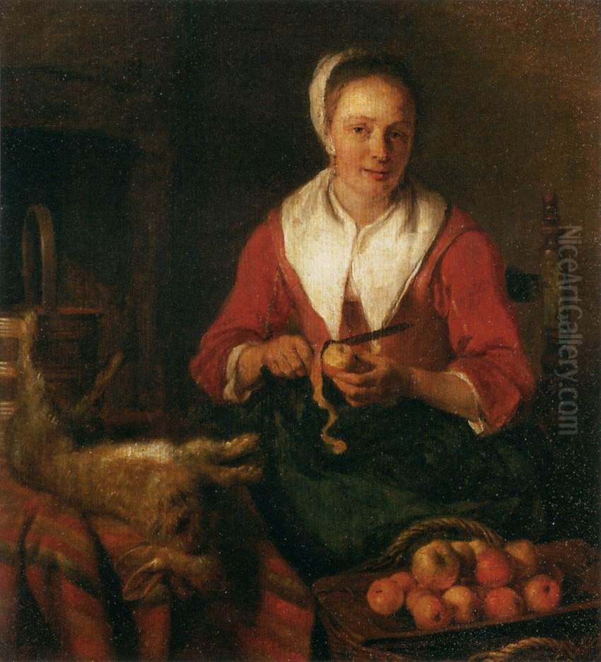 Kitchen maid peeling apples Oil Painting by Gabriel Metsu