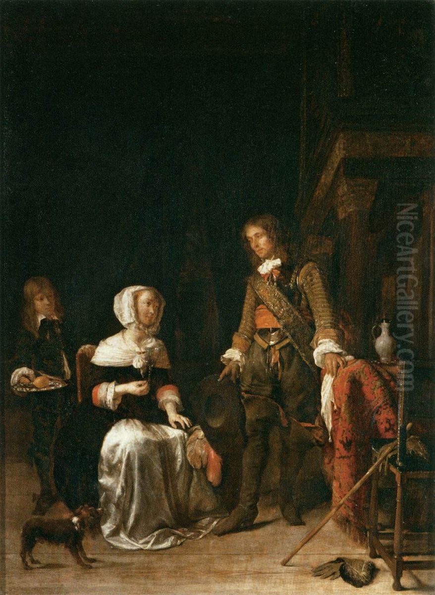 Soldier with a young woman and a servant in a distinguished interior Oil Painting by Gabriel Metsu