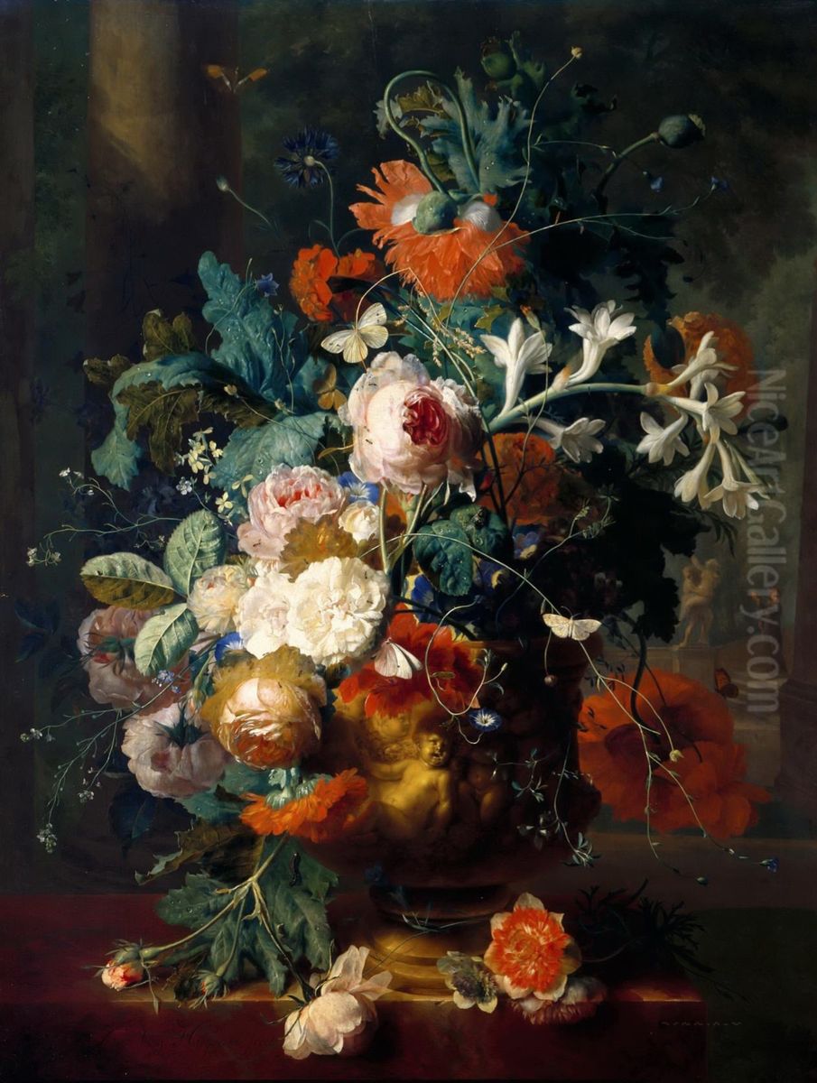 Vase de Fleurs sur Fond de Parc avec Statue Oil Painting by Jan Van Huysum