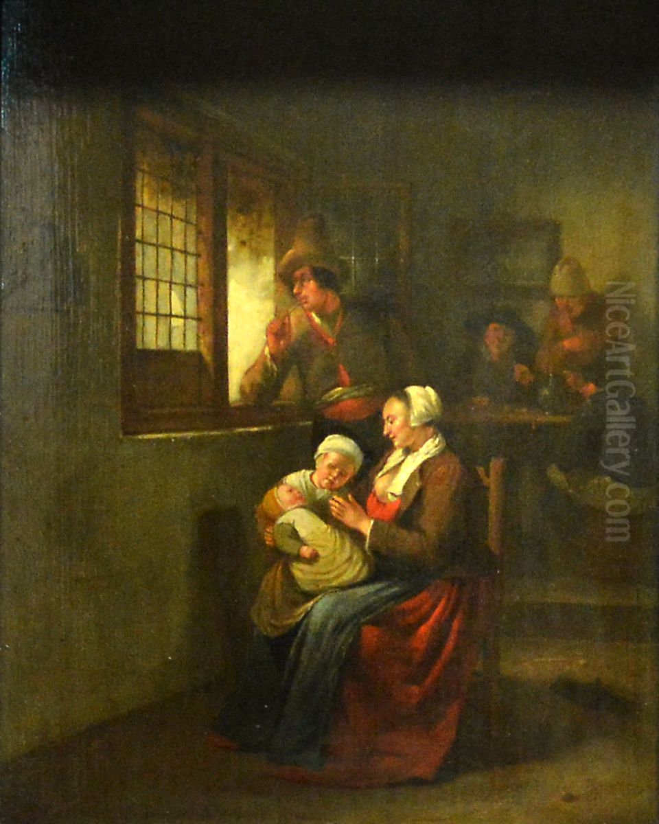 Scene d'interieur: Femme allaitant son enfant et homme accoude a une fenetre Oil Painting by Egbert Van Heemskerck