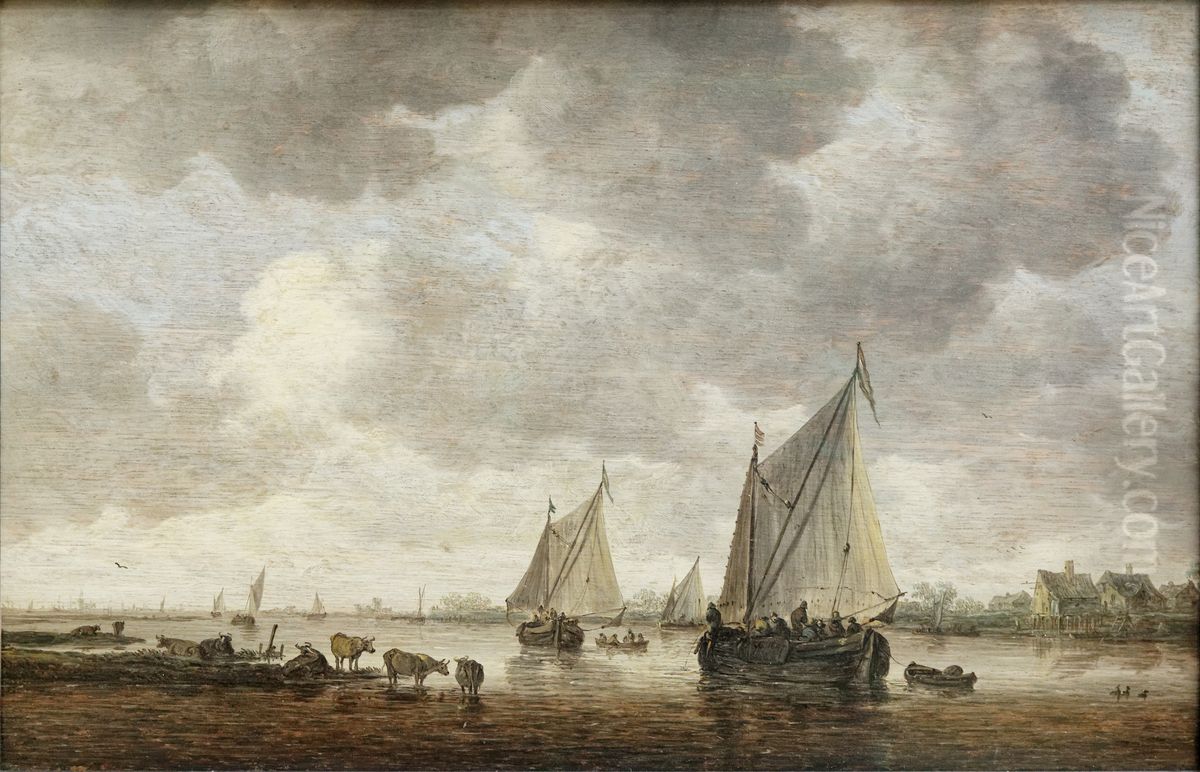 Deux grandes barques a voiles sur un fleuve et bestiaux pres de la rive Oil Painting by Jan van Goyen