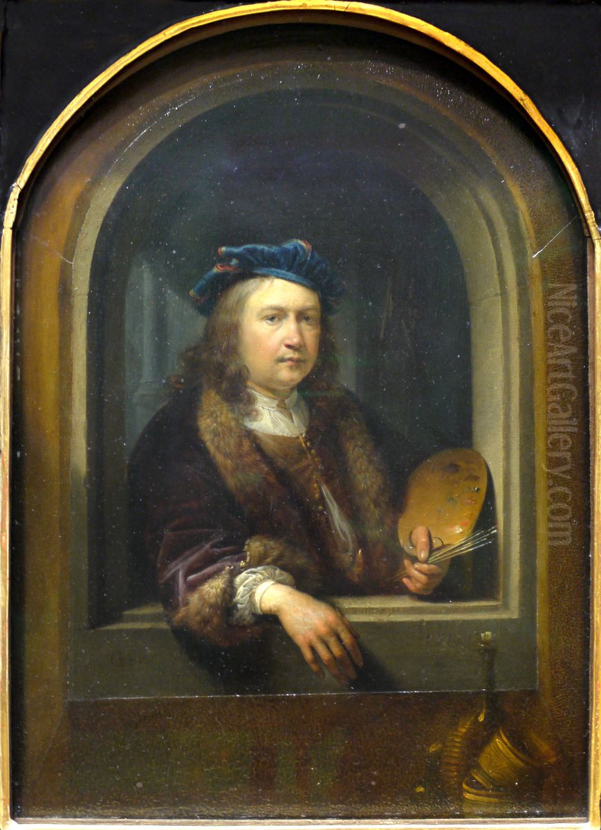 Self portrait with a palette in a niche Oil Painting by Gerrit Dou
