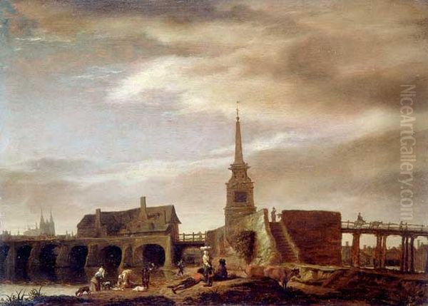Le Pont des Treilles sur la Maine a Angers, vu d'amont Oil Painting by Lambert Doomer