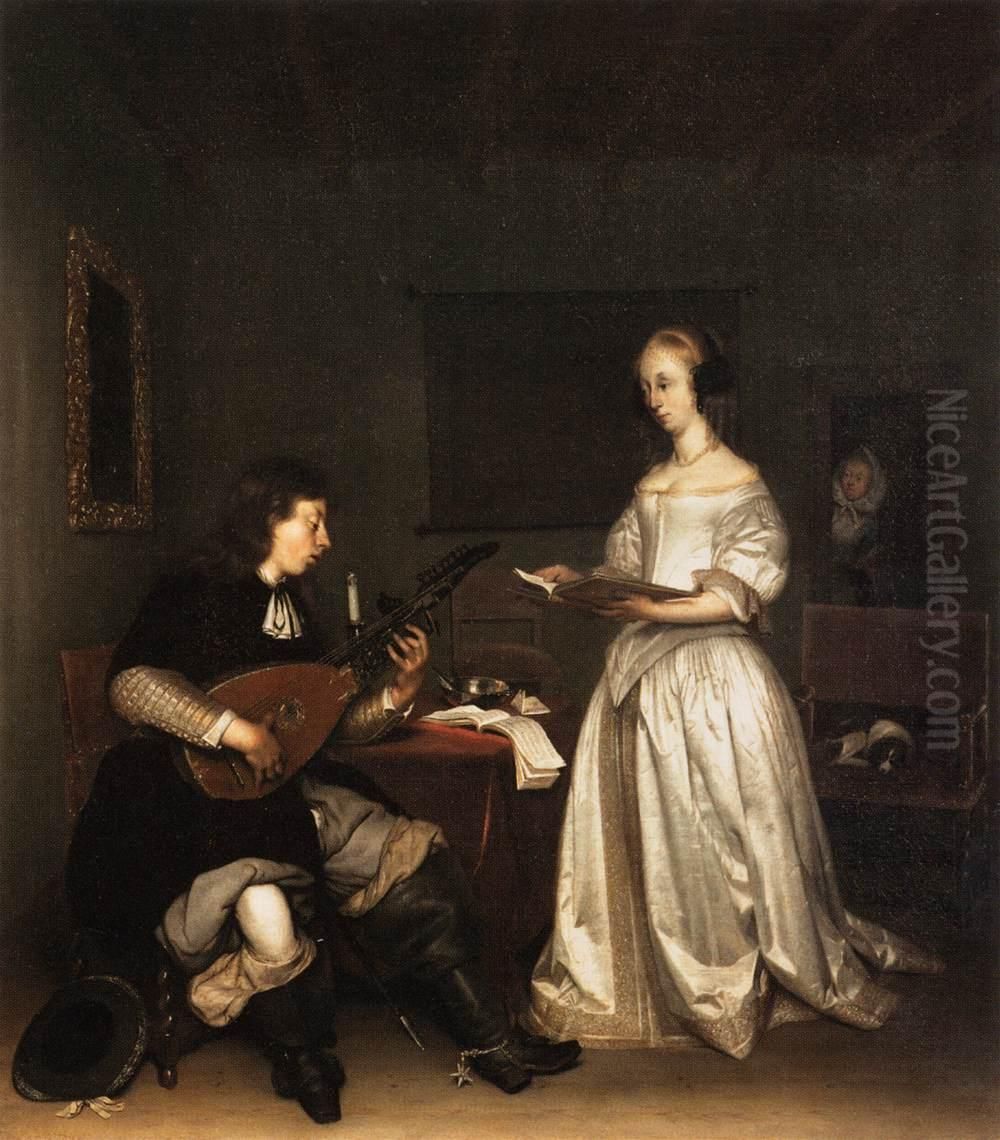The Duet: Singer and Theorbo Player Oil Painting by Gerard Ter Borch