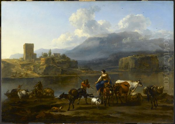 Landscape with shepherds and cattle crossing a river Oil Painting by Nicolaes Pieterszoon Berchem
