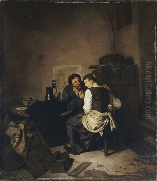 Couple dans un interieur rustique Le Bon Menage Oil Painting by Cornelis Pietersz Bega