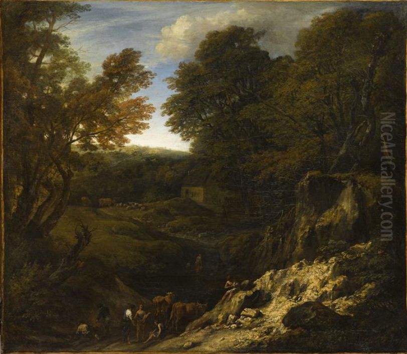 Paysage avec bergers et troupeau au bord d'une mare et pres d'un talus fortement eclaire Oil Painting by Cornelis Huysmans
