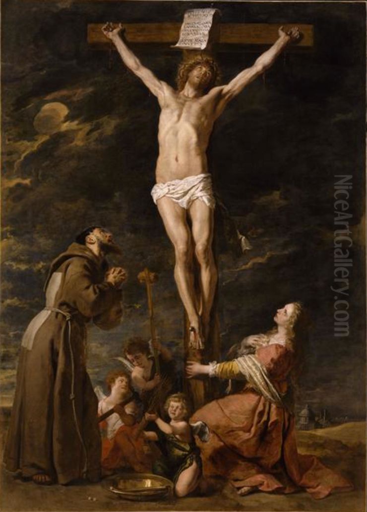 Le Christ en croix entre sainte Madeleine et saint Francois Oil Painting by Gaspar De Crayer