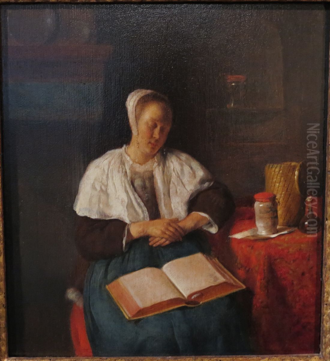 Sleeping woman with an open book in her lap Oil Painting by Gabriel Metsu