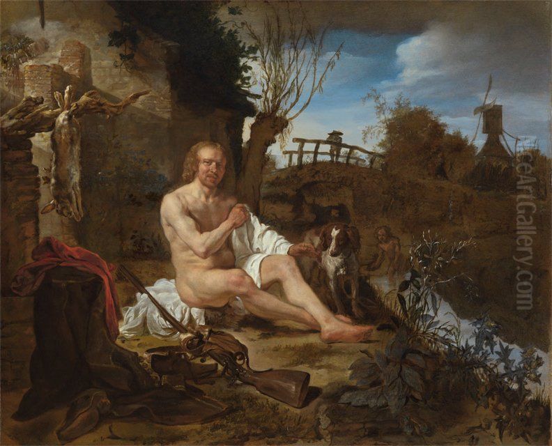 Sportsmen Bathing in a Landscape - A Hunter Getting Dressed after Bathing Oil Painting by Gabriel Metsu
