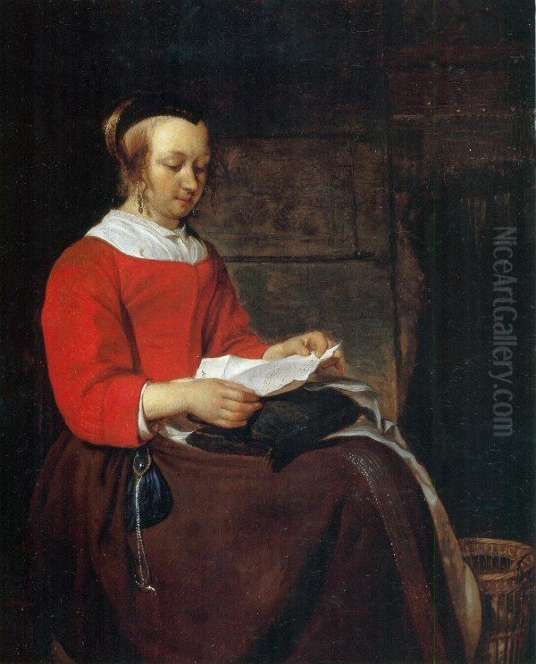 Young Woman Seated in an Interior, Reading a Letter Oil Painting by Gabriel Metsu