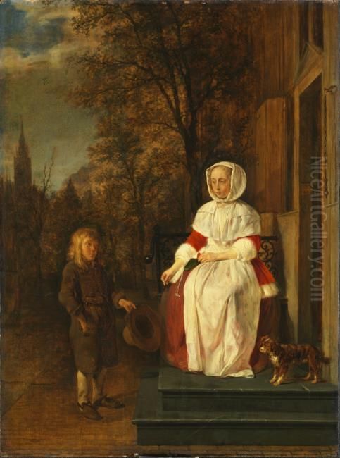 Young woman giving alms to a begging boy Oil Painting by Gabriel Metsu