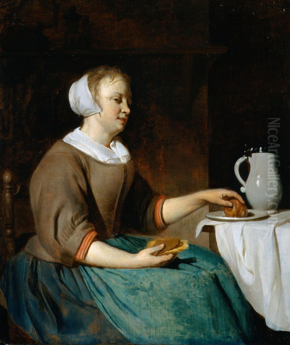 Young woman eating at a table Oil Painting by Gabriel Metsu