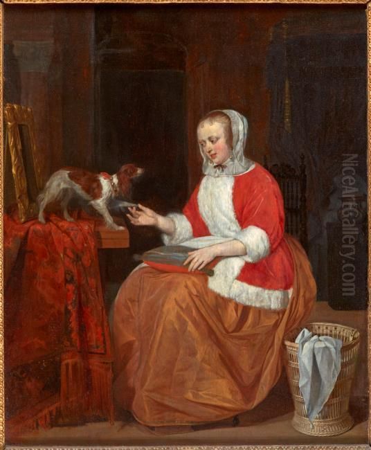 Young woman playing with a dog Oil Painting by Gabriel Metsu