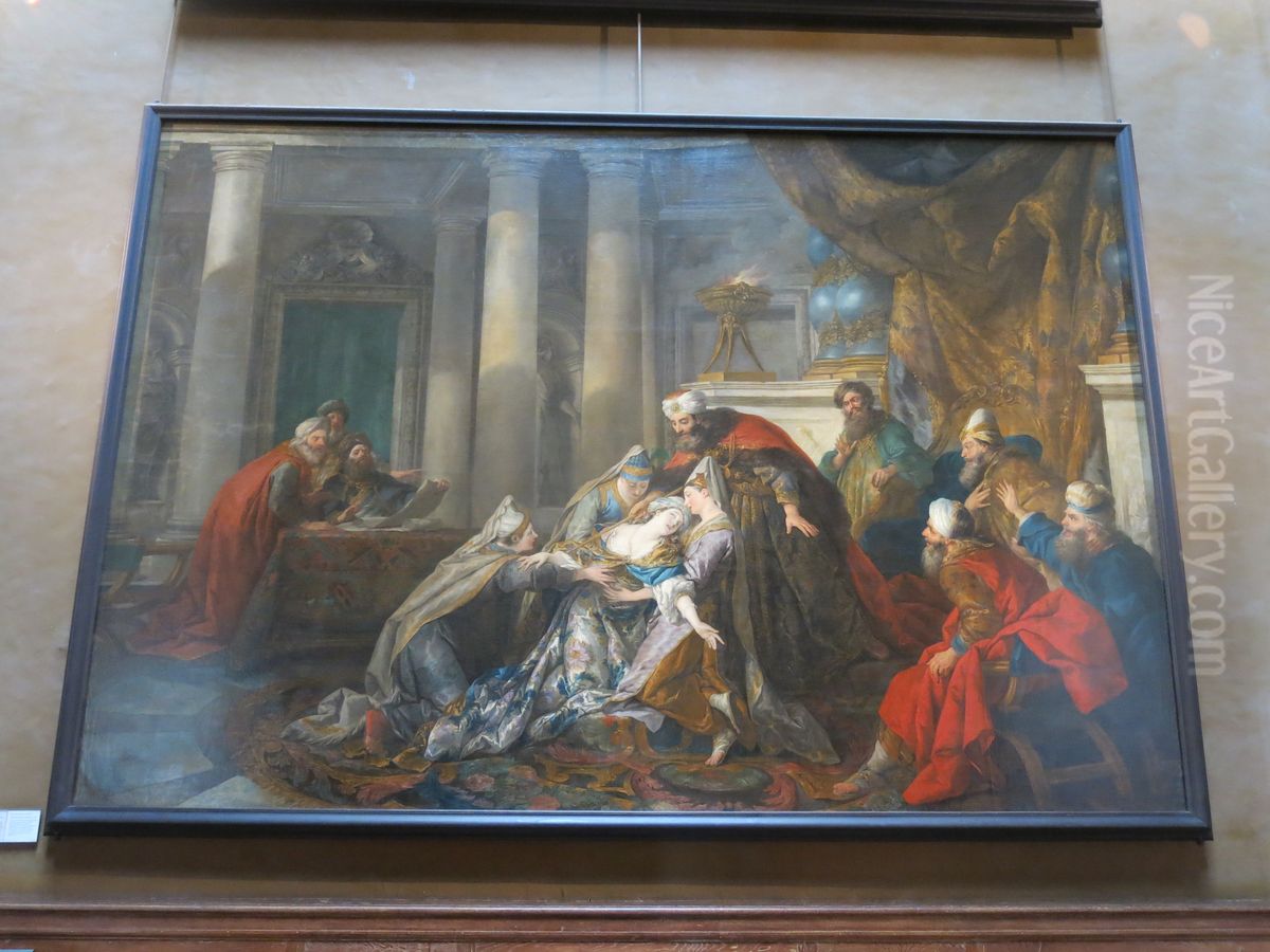 Esther vanishing. In seeking to save the Jews from extermination, Esther violated the ban of entering into the Royal Palace. She faints. The king puts his scepter on the breast of his wife as sign of absolution. Oil Painting by Jean-Francois de Troy