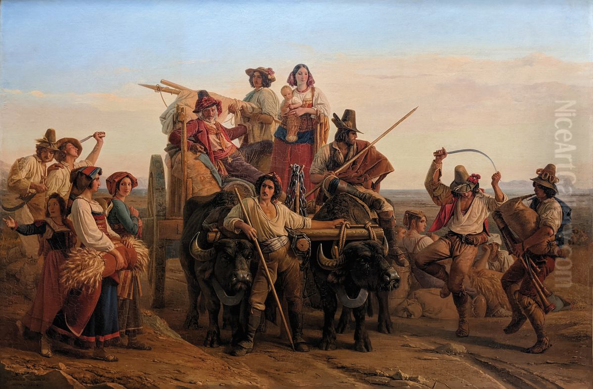 L'arrivee des moissonneurs dans les marais Pontins Oil Painting by Leopold Robert