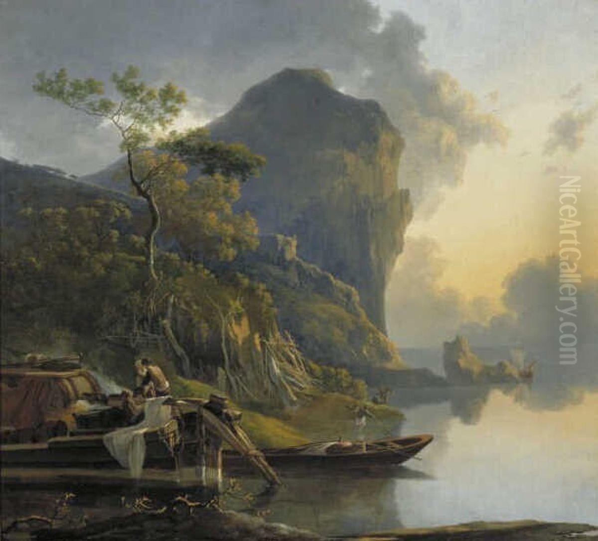 On the Shore of a Lake Oil Painting by Adam Pynacker