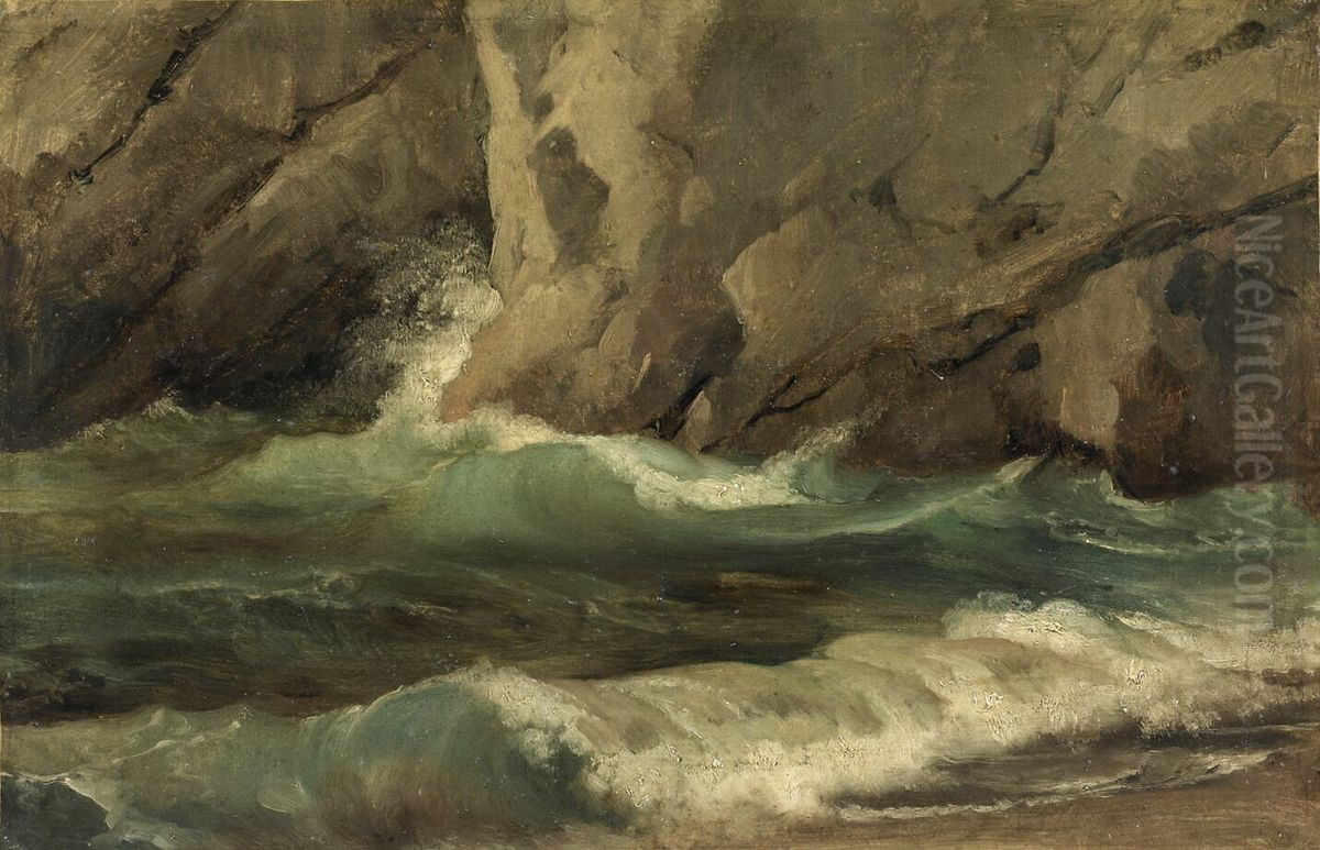Vagues au pied de rochers Oil Painting by Achille Etna Michallon