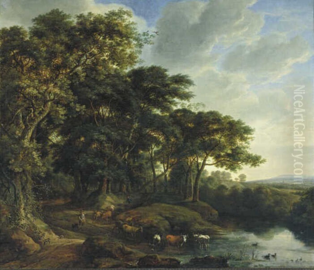 Bosrand met beek en kudde vee Oil Painting by Simon De Vlieger