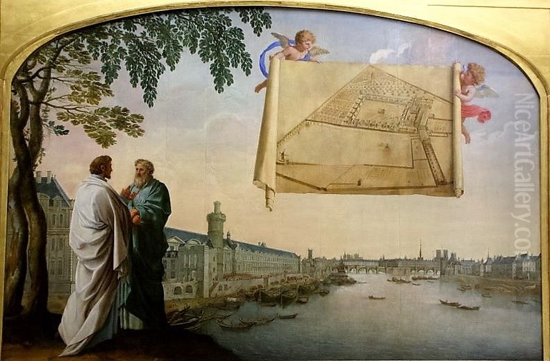 Vue de Paris avec le plan de la Chartreuse de Paris porte par deux angelots Oil Painting by Eustache Le Sueur