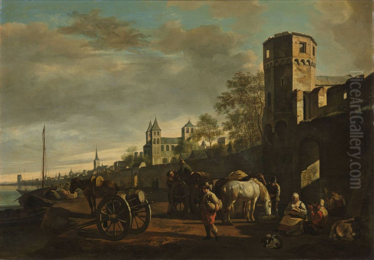View along the Rhine near the Church of St. Cunibert, Cologne Oil Painting by Gerrit Adriaenszoon Berckheyde