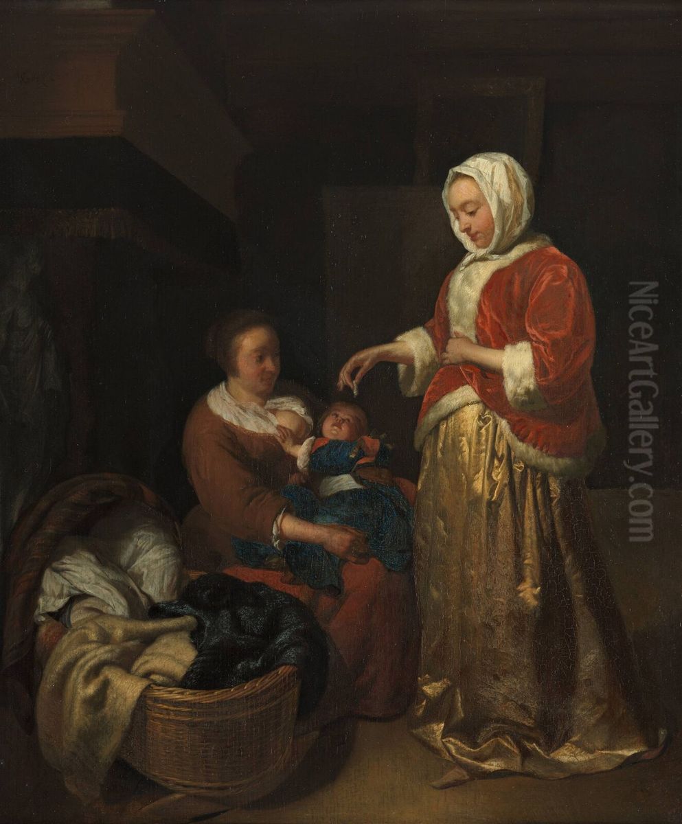 Interior with a Mother, a Nurse and an Infant Oil Painting by Joost van Geel