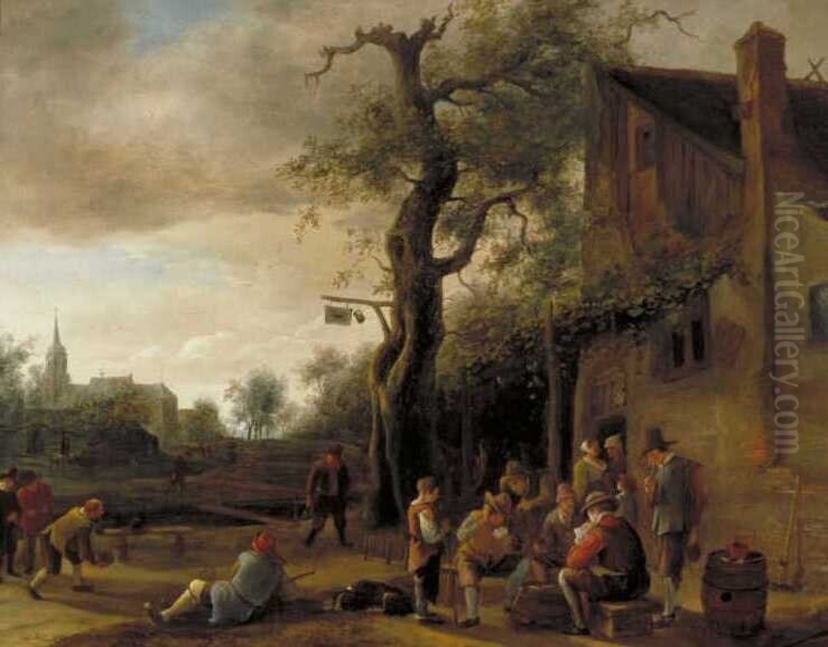 Kaartspelers en kegelaars bij een herberg Oil Painting by Jan Steen