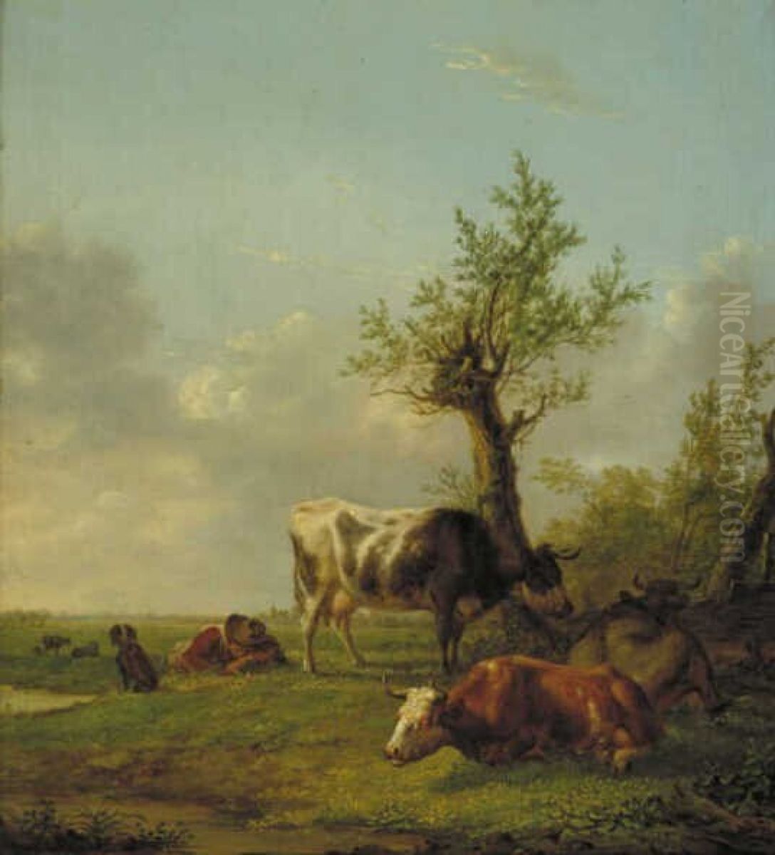 Landschap met koeien en slapende herdersjongen met hond Oil Painting by Jan Kobell II