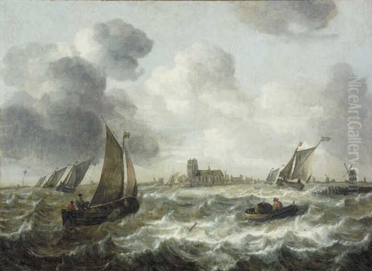 River Scene with Dordrecht in the Distance Oil Painting by Abraham Van Beijeren