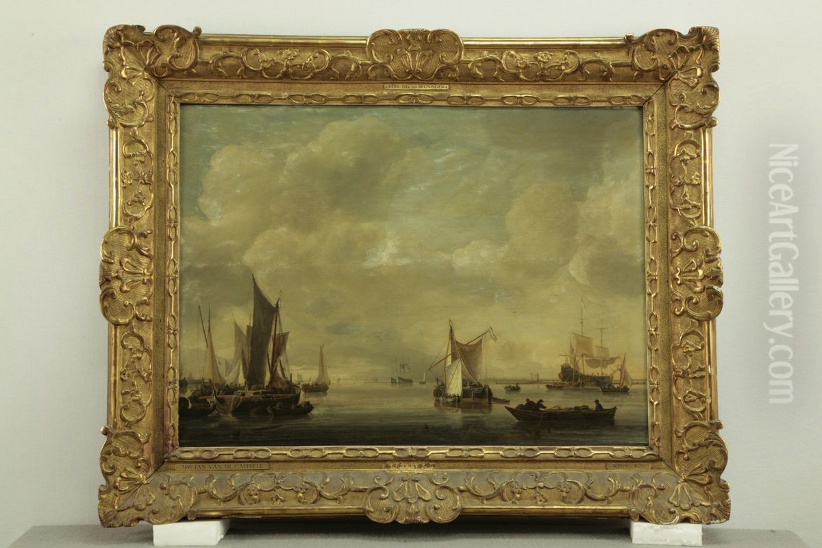 Riviergezicht met zeilschepen Oil Painting by Jan Van De Cappelle