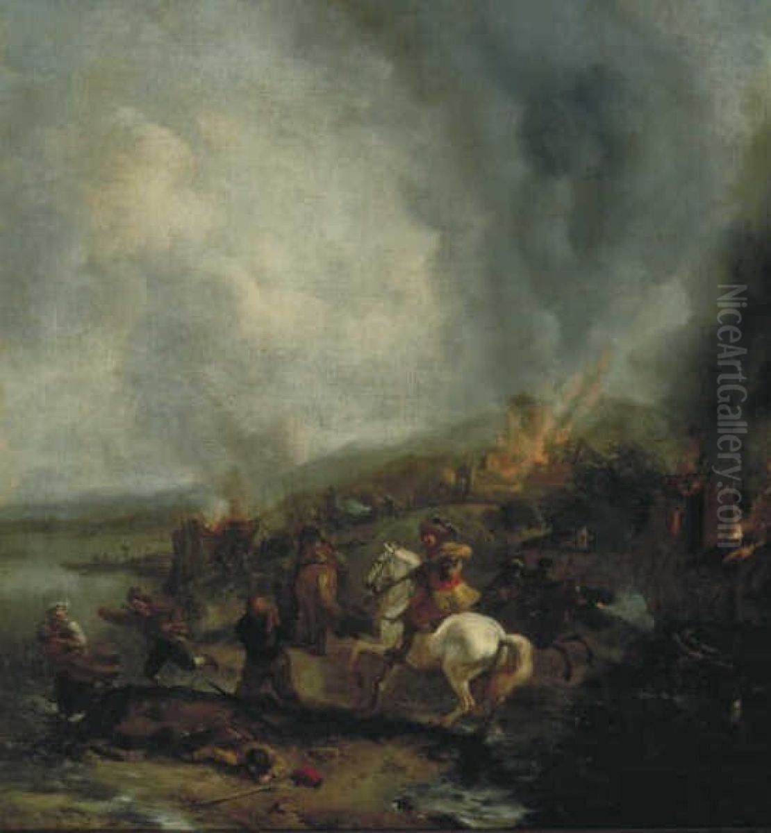 Soldaten plunderen een dorp Oil Painting by Philips Wouwerman